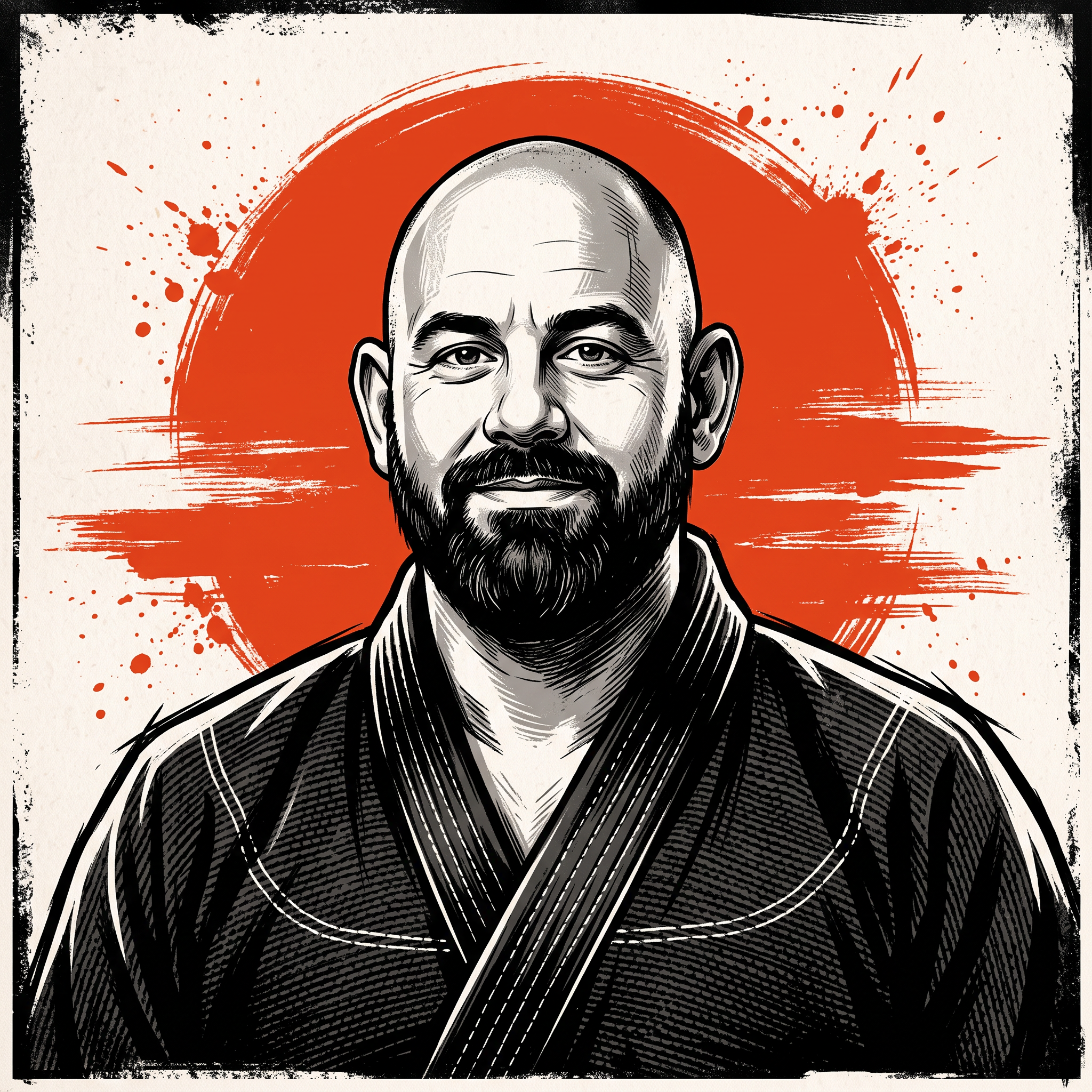 Illustrated portrait of Coach George Hyek in a black gi before a red-orange rising sun