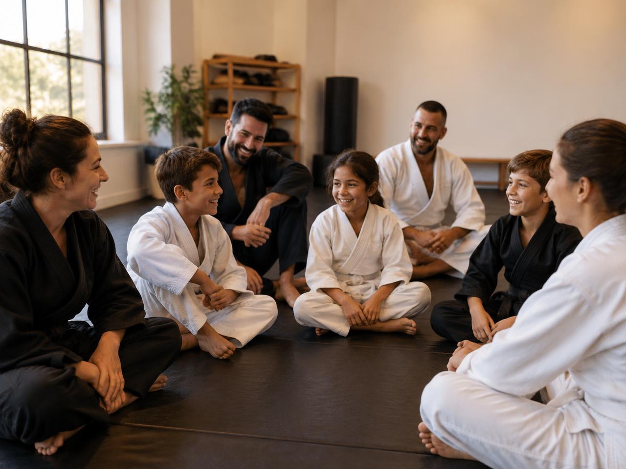 Kids and adults in plain gis sitting in a circle on the mat, smiling and talking after class