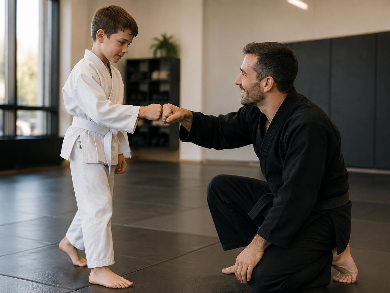 A young student in a white gi trades a fist bump with a smiling coach kneeling at eye level