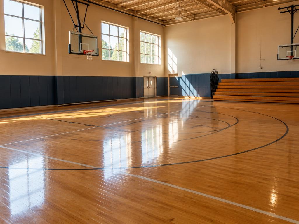 Empty indoor wooden basketball court