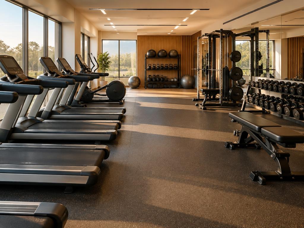 Fitness center with treadmills and weight racks