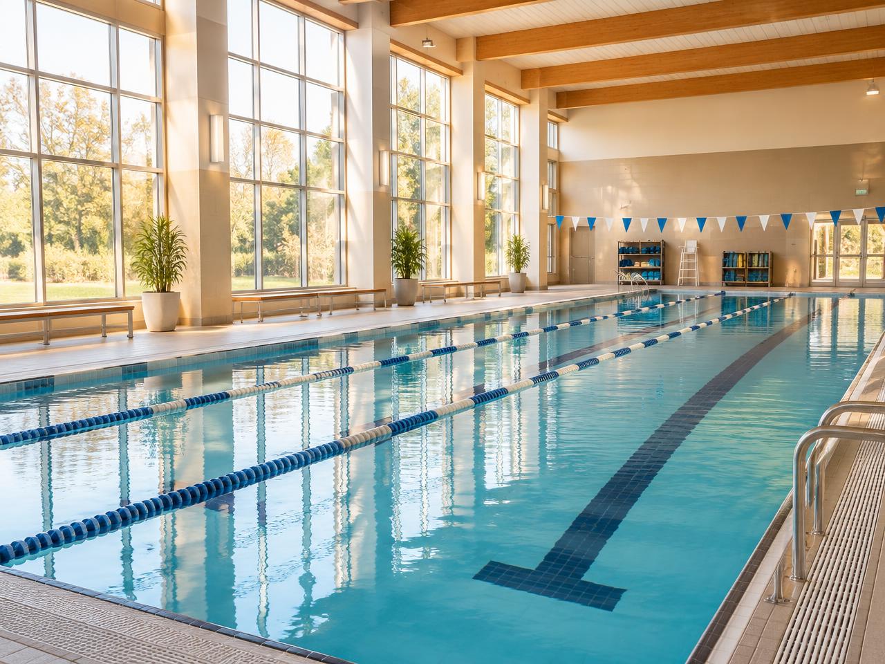 A bright indoor lap pool with lane lines and tall windows